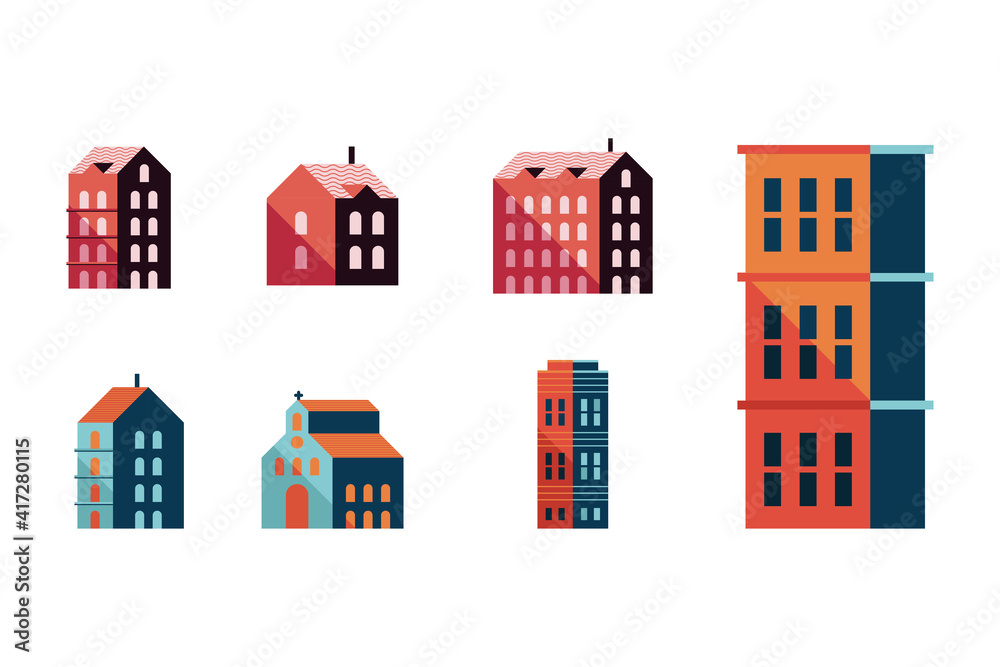 bundle of seven buildings minimal city set icons