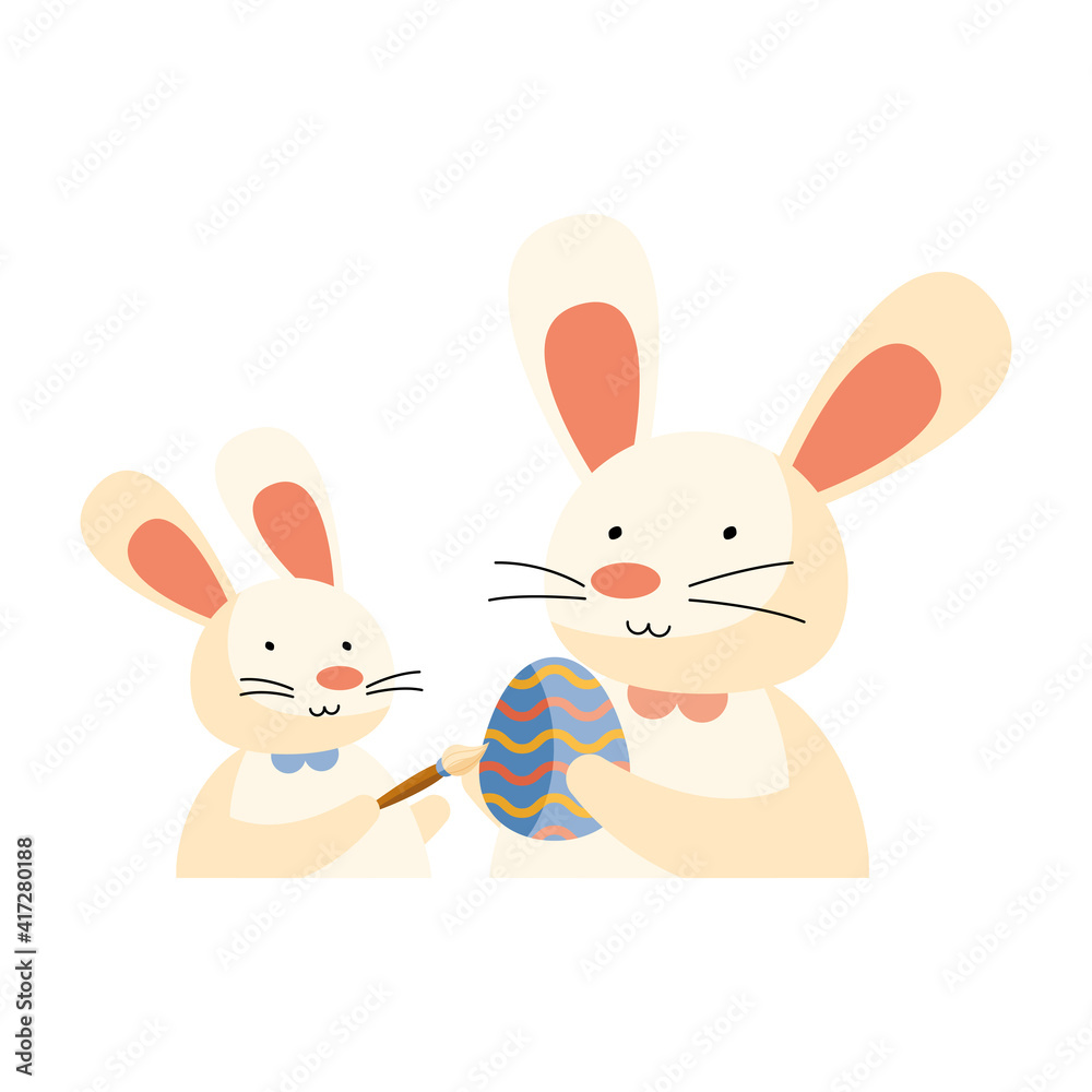rabbits painting eggs happy easter celebration rabbits painting eggs happy easter celebration