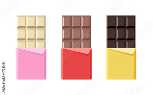 Different chocolate bar icons. Opened white, milk and bitter chocolate in foil packaging. Flat dessert and sweet. Vector illustration in cartoon style