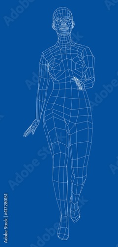 Wireframe walking woman. Vector