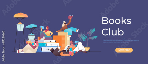 group of arabic people reading books together in modern book club horizontal full length vector illustration