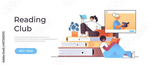 mix race students couple reading books with female senior teacher in web browser window online book club concept horizontal copy space vector illustration