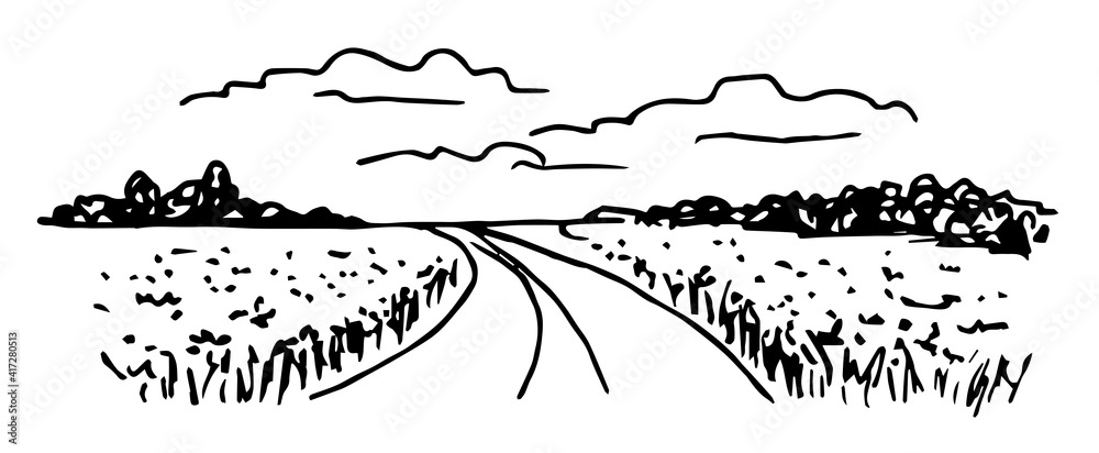 Simple hand-drawn vector drawing in black outline. Rural panoramic landscape, road, field, clouds in the sky, trees on the horizon. For labels, packaging. Ink sketch. Countryside, nature.