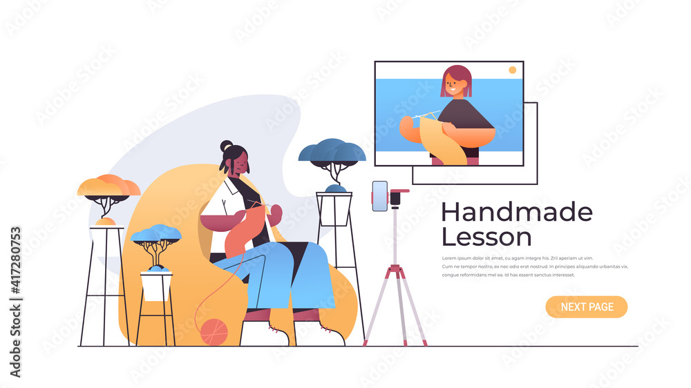 woman learning to knit while watching video course with female teacher in web browser window online handmade lesson concept horizontal copy space vector illustration