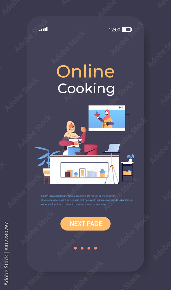 Fototapeta premium arab woman food blogger preparing dish girl watching video tutorial with female chef in web browser window online cooking concept copy space vertical vector illustration