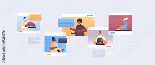 set mix race food bloggers preparing dishes chefs in web browser windows online cooking class concept portrait horizontal vector illustration