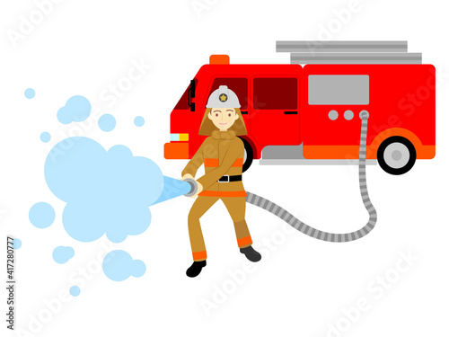 消防士、消火活動のイラスト／Illustration of firefighters and fire fighting activities