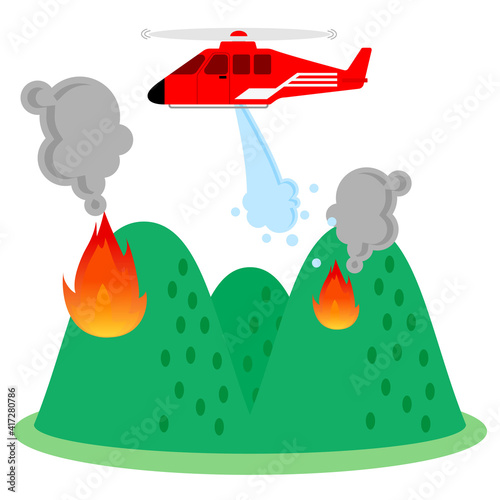 山火事、空中消火のイラスト／Illustration of wildfire, aerial fire extinguishing