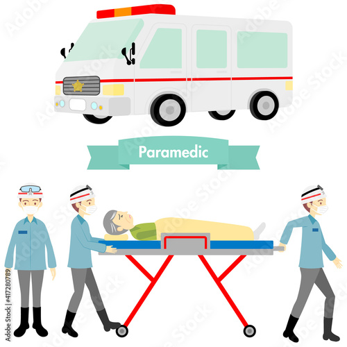 救急車、救急隊員のイラストセット／Illustration set of ambulance and ambulance members
