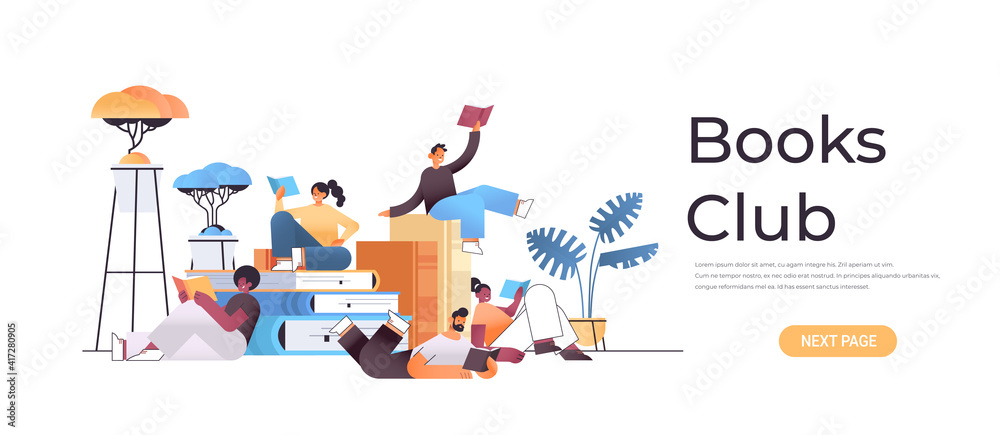 group of mix race people reading books together in modern book club horizontal full length vector illustration - obrazy, fototapety, plakaty 