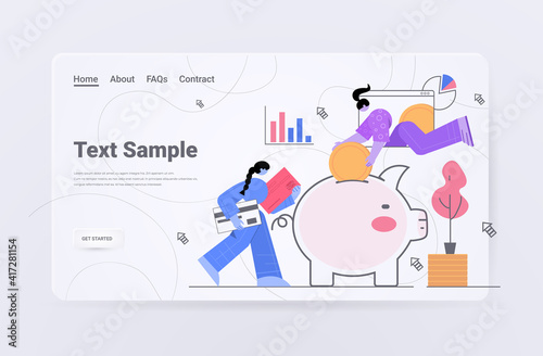 businesswomen putting coins into piggy bank savings save money bank deposit concept horizontal copy space vector illustration