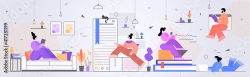 people group reading books together in book club horizontal full length vector illustration