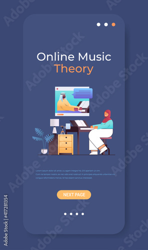 arab woman playing piano while watching video lessons with male teacher in web browser window online music theory concept full length vertical copy space vector illustration