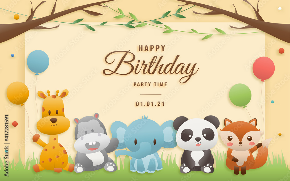 Birthday, animals card. Greeting cards with cute safari or jungle animals giraffe, elephant, hippo, panda, fox party in the tropical forest. Template invitation paper art style vector illustration