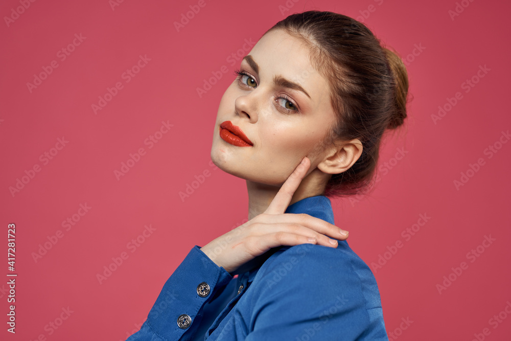 pretty elegant woman blue shirt lifestyle red lips studio pretty elegant woman blue shirt lifestyle red lips studio