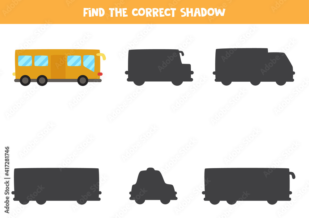 Find the correct shadow of city bus. Logical puzzle for kids. Find the correct shadow of city bus. Logical puzzle for kids.
