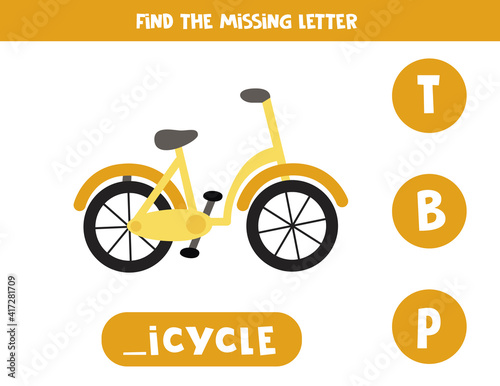 Find missing letter. Cute cartoon bicycle. Educational spelling game for kids.