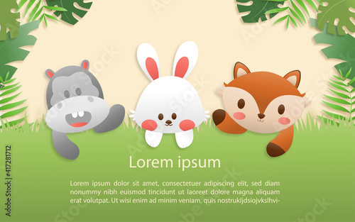 Cartoon happy birthday animals card. Greeting cards with cute safari or jungle animals rabbit, hippo, fox party in the tropical forest. Template invitation paper art style vector illustration.
