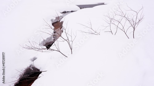 池の一部に雪が積もらずに小川のようになっている photo