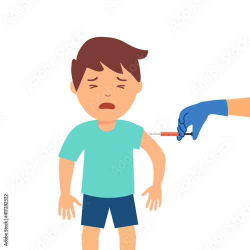 Child vaccination and immunization concept vector illustration on white background. Young boy feel hurt when receiving vaccine injection from nurse.