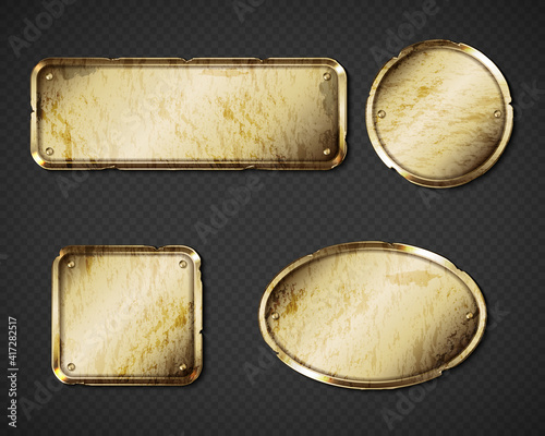 Gold or brass old plates, golden shabby name plaques with gaps empty mockup. Metal dirty identification tags, badges round, oval and rectangular frames for nameplate with grime realistic 3d vector set