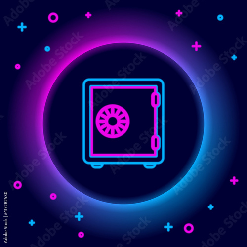Glowing neon line Safe icon isolated on black background. The door safe a bank vault with a combination lock. Reliable Data Protection. Colorful outline concept. Vector.