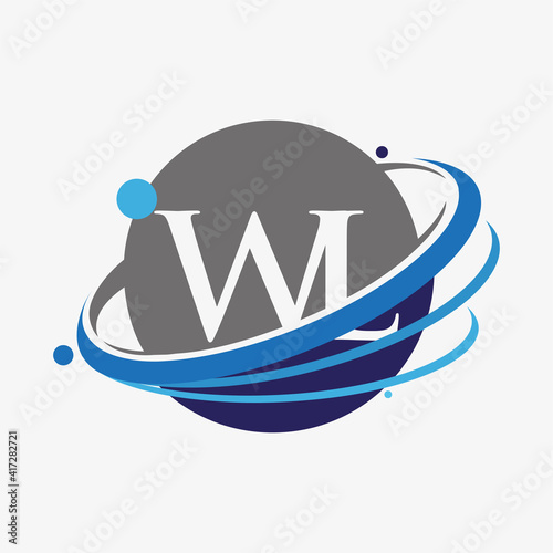 initial letter WL logotype company name colored blue and grey swoosh and globe design. isolated on white background. photo