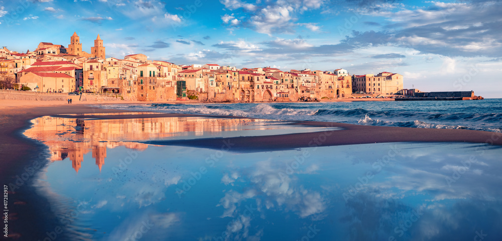 Сharm of the ancient cities of Europe. Splendid spring cityscape of Cefalu town with Piazza del Duomo. Fantastic morning seascape of Mediterranean sea, Sicily, Italy, Europe.