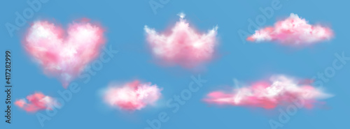 Pink clouds in crown and heart shape in sky. Vector realistic set of fluffy clouds in air, pink smoke or fog in heaven isolated on blue background. Concept of dreams and love