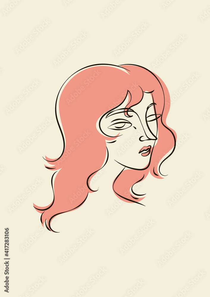 Hand drawn line art sophisticated woman portrait in minimalistic abstract graphic style. Sketch in soft pastel colors. Sensual. Bare skin. Isolated illustration. Light-skinned European woman