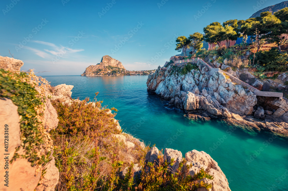 Beautiful spring scenery. Adorable summer view of Santa Elia cape with Zafferano mountain on background. Tranquil water bay on Sicily, Palermo city location, Italy, Europe.