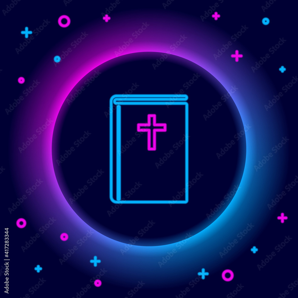 Glowing neon line Holy bible book icon isolated on black background. Colorful outline concept. Vector. Glowing neon line Holy bible book icon isolated on black background. Colorful outline concept. Vector.