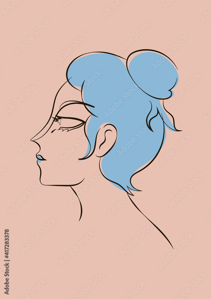 Hand drawn line art sophisticated woman portrait in minimalistic abstract graphic style. Sketch in soft neutral pastel colors. Sensual. Bare skin. Isolated illustration. Swarthy Asian woman