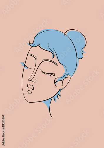 Hand drawn line art sophisticated woman portrait in minimalistic abstract graphic style. Sketch in soft neutral pastel colors. Sensual. Bare skin. Isolated illustration. Swarthy Asian woman