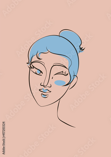 Hand drawn line art sophisticated woman portrait in minimalistic abstract graphic style. Sketch in soft neutral pastel colors. Sensual. Bare skin. Isolated illustration. Swarthy Asian woman