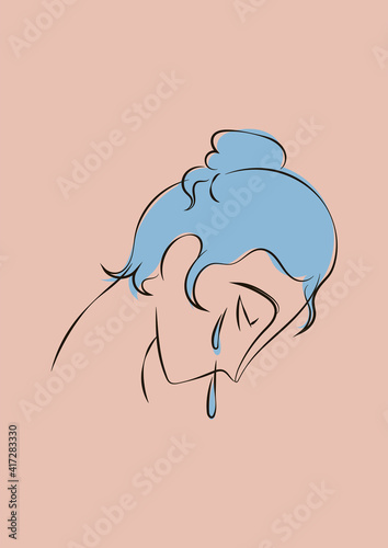 Hand drawn line art sophisticated woman portrait in minimalistic abstract graphic style. Sketch in soft neutral pastel colors. Sensual. Bare skin. Isolated illustration. Swarthy Asian woman