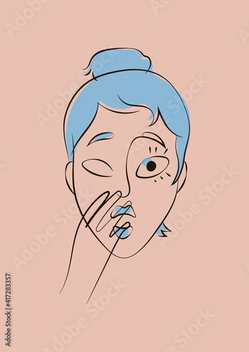 Hand drawn line art sophisticated woman portrait in minimalistic abstract graphic style. Sketch in soft neutral pastel colors. Sensual. Bare skin. Isolated illustration. Swarthy Asian woman