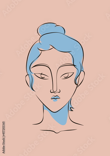Hand drawn line art sophisticated woman portrait in minimalistic abstract graphic style. Sketch in soft neutral pastel colors. Sensual. Bare skin. Isolated illustration. Swarthy Asian woman
