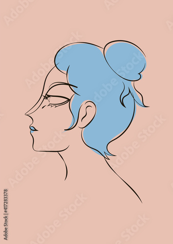 Hand drawn line art sophisticated woman portrait in minimalistic abstract graphic style. Sketch in soft neutral pastel colors. Sensual. Bare skin. Isolated illustration. Swarthy Asian woman