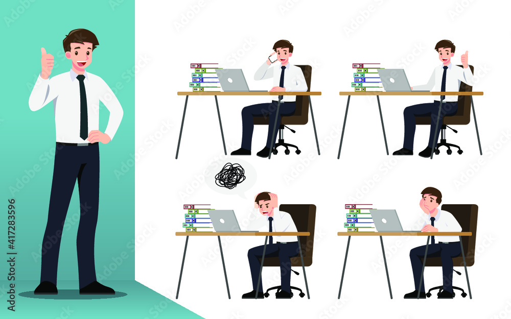 Flat design concept of Businessman with different poses, working and presenting process gestures, actions and poses. Vector cartoon character design set. Flat design concept of Businessman with different poses, working and presenting process gestures, actions and poses. Vector cartoon character design set.