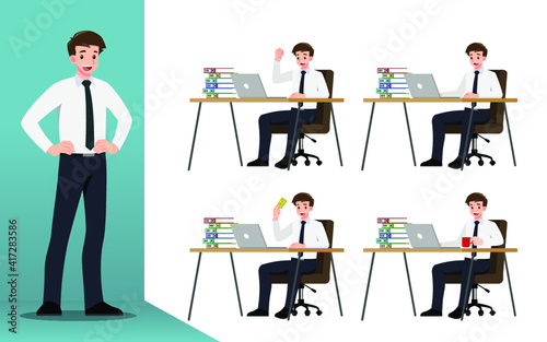 Flat design concept of Businessman with different poses, working and presenting process gestures, actions and poses. Vector cartoon character design set. 