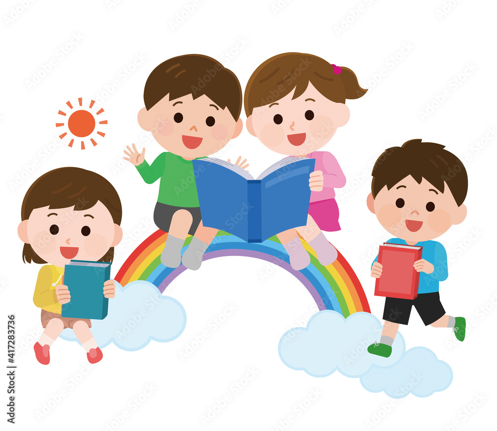 Fototapeta 虹の上で本を読む子供たち イラスト Naklejamy Com