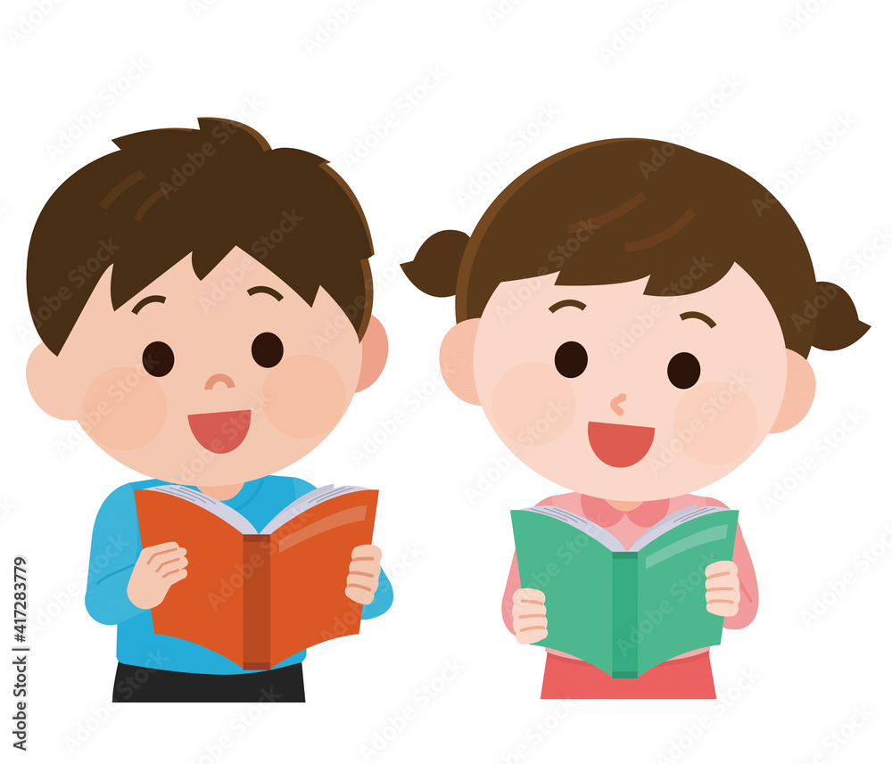 読書を楽しむ子供 男の子と女の子2 イラスト Stock Vector Adobe Stock