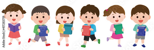 読書を楽しむ子供たち　横に並ぶ　イラスト