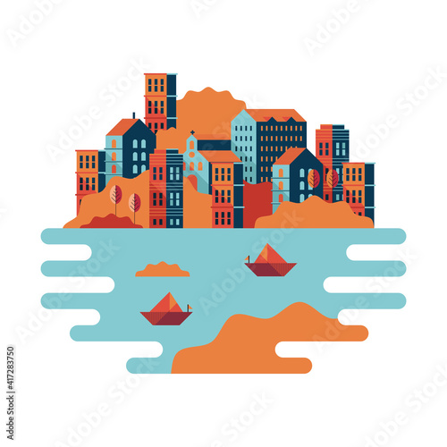 buildings and sailboats in sea minimal city scape scene
