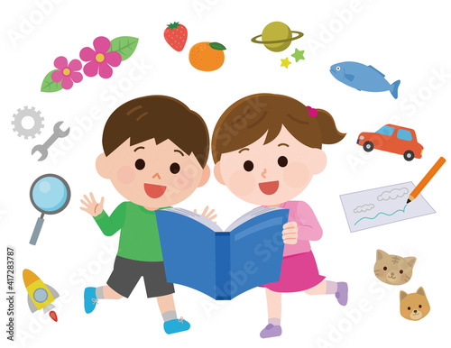 本を読んで知識を得て夢を膨らませる子供　イラスト