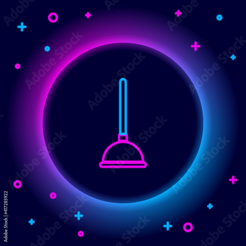 Glowing neon line Rubber plunger with wooden handle for pipe cleaning icon isolated on black background. Toilet plunger. Colorful outline concept. Vector.