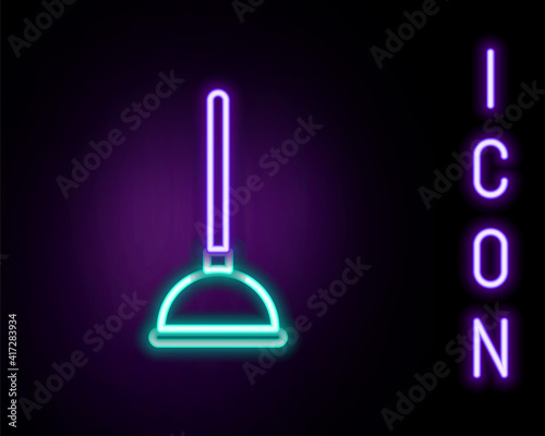 Glowing neon line Rubber plunger with wooden handle for pipe cleaning icon isolated on black background. Toilet plunger. Colorful outline concept. Vector.