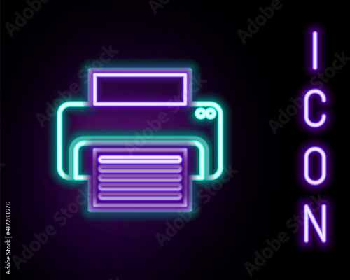 Glowing neon line Printer icon isolated on black background. Colorful outline concept. Vector.