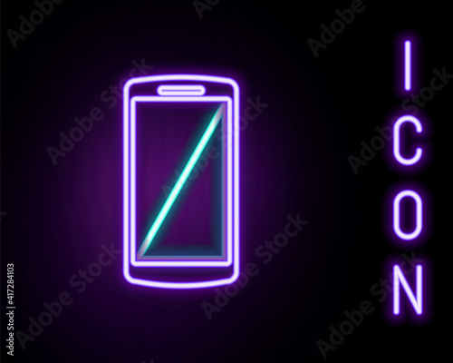 Glowing neon line Smartphone, mobile phone icon isolated on black background. Colorful outline concept. Vector.